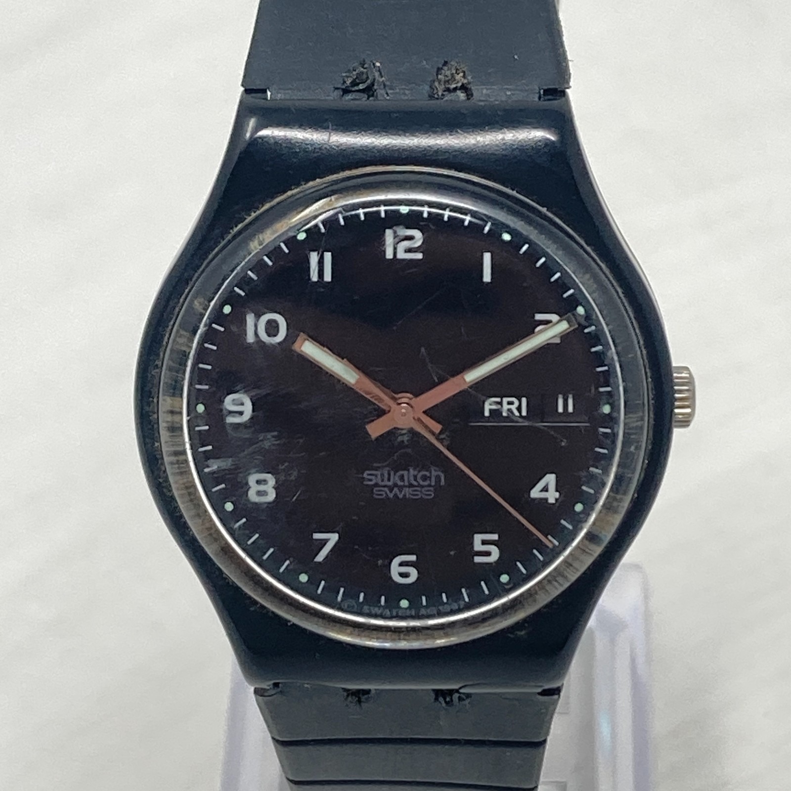 Vtg Swatch Espresso Watch Unisex Day Date 34mm Black Swiss Gb737 New Batter 85